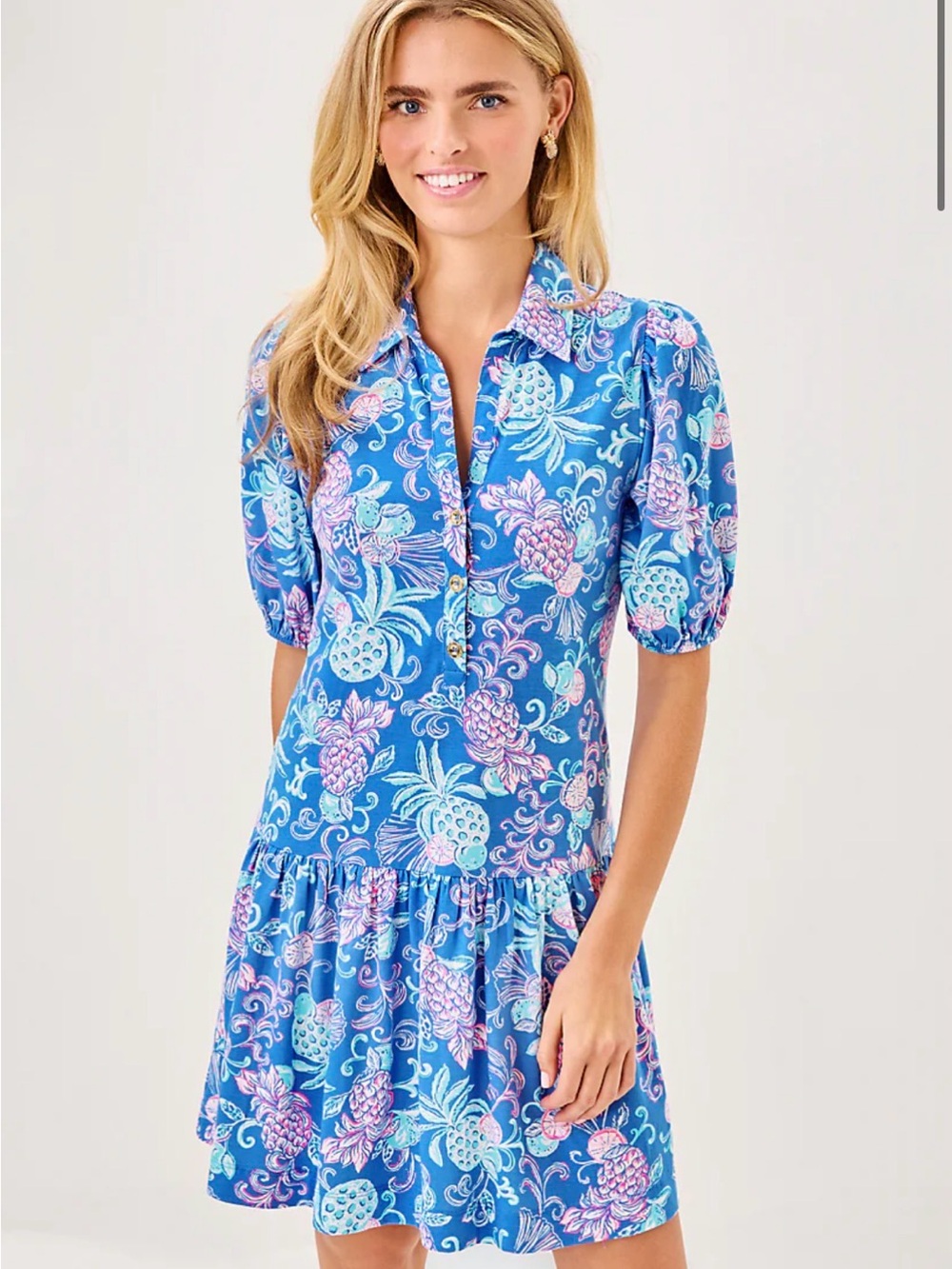 Lilly Pulitzer Blue Floral-Print Button Front Top
